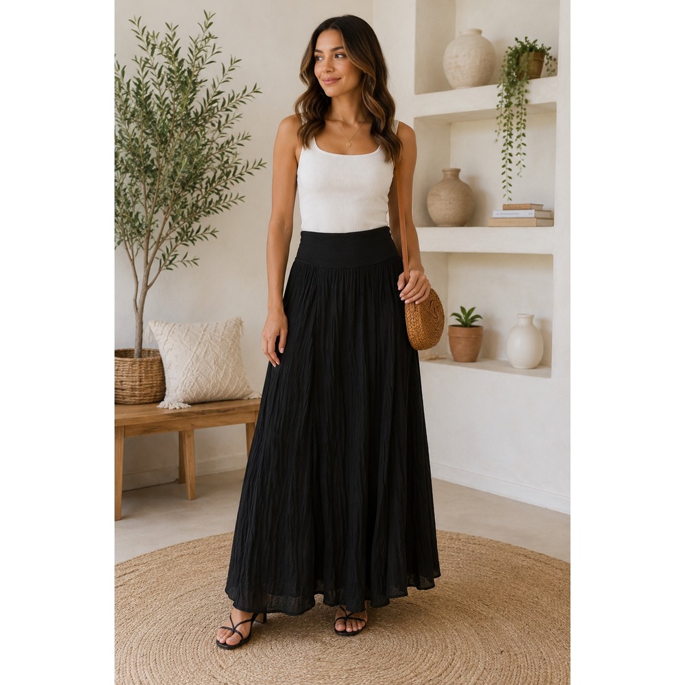 Own It Womens S/M Black Cotton Maxi Skirt Made in Italy Boho Gauze Flowy Long